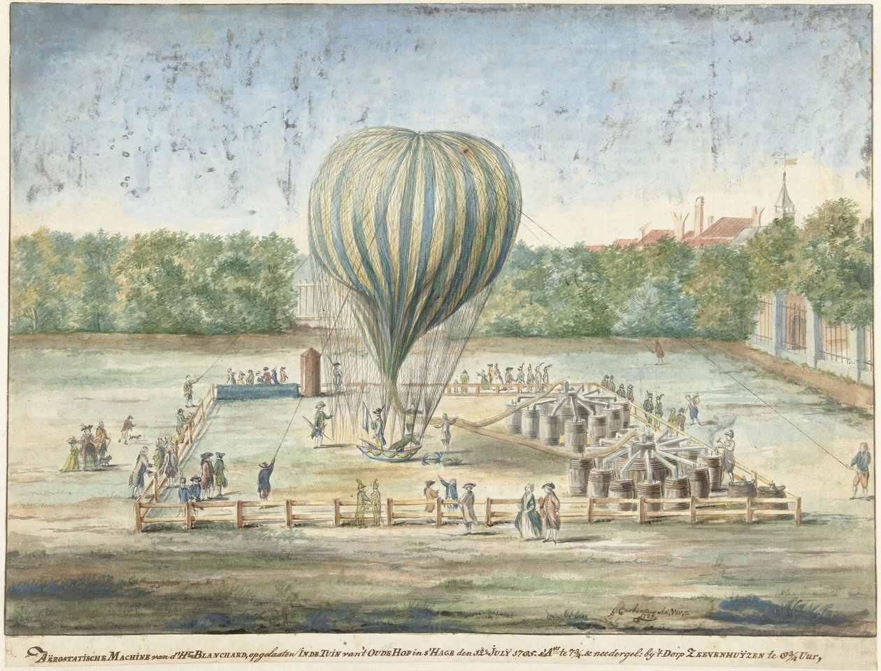 1785 年布兰查德热气球在海牙升空 作者 G. Carbentus（艺术家签名）