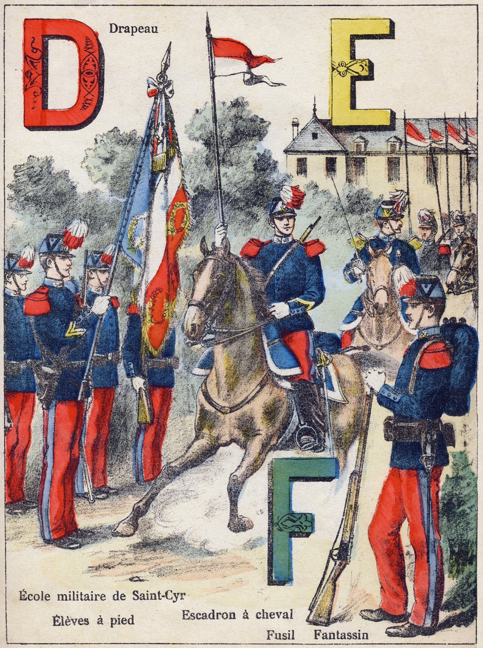 Letters D E F: Flag, Military School of Saint-Cyr (Saint Cyr), Eleves on foot, Horse Squadron, Rifle and Fantassin, c.1900 (lithograph) 作者 G.达舍尔
