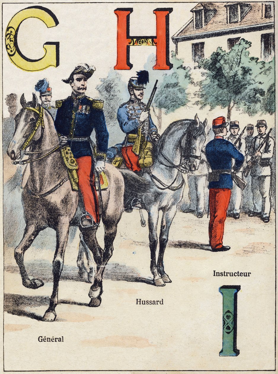 字母G H I。将军、胡萨德和教官。在 "军事字母表 "中的雕刻，Grand-Bebe系列。雕刻。蓬-阿-穆松成像。路易斯-瓦涅，印刷商-出版商，约1900年。G. Dascher的插图。20页。尺寸：31.5x24.5厘米 作者 G.达舍尔