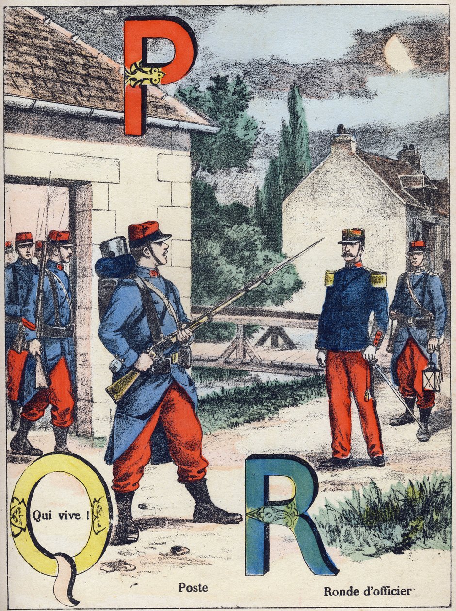 字母P、Q和R：邮政，Qui vive！和军官圆。在 "军事字母表 "中的雕刻，Grand-Bebe系列。雕刻。Pont-a-Mousson成像。路易斯-瓦涅，印刷商-出版商，约1900年。G. Dascher的插图。20页。尺寸：31.5x24.5厘米 作者 G.达舍尔