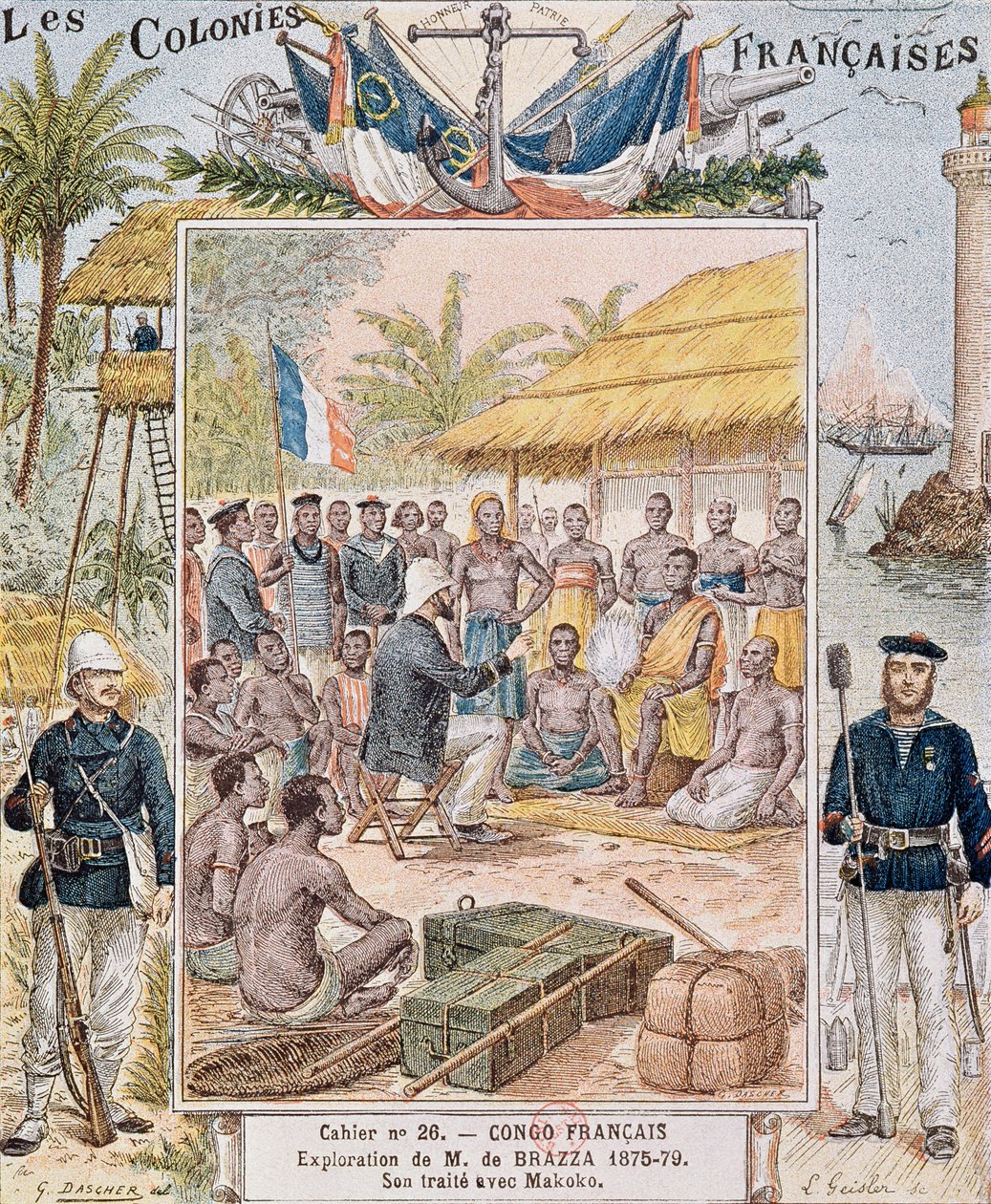 M. de Brazza的探索（1875-79）他与Makoko的条约，来自&39;Les Colonies Francaises&39;的插图 作者 G.达舍尔