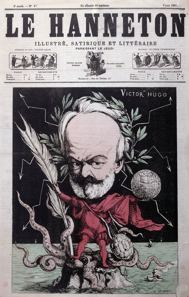 维克多·雨果（1802-85）的漫画作为宙斯在1867年6月从Le Hanneton的封面流亡到格恩西岛 作者 G.德洛约蒂