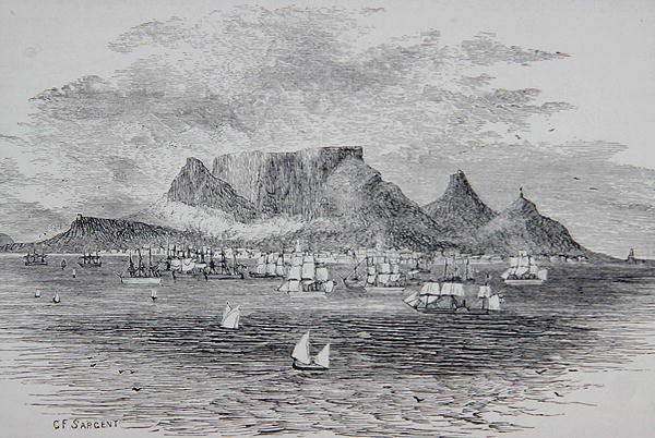 从南非桌湾看到的开普敦，出自托马斯-米尔纳牧师的《地理画廊》，约1880年出版（雕刻）。 作者 GF（后）萨金特