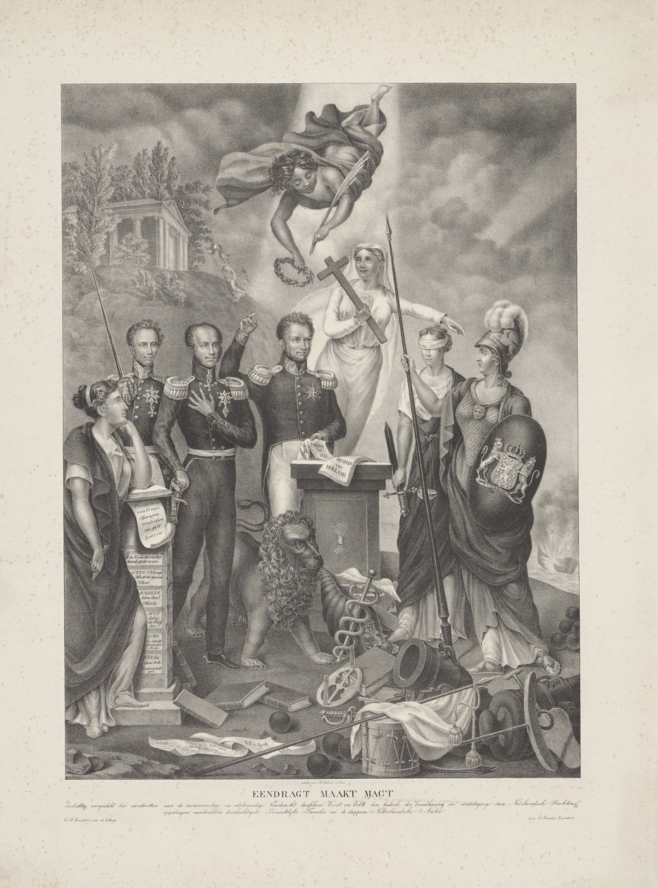 君主与人民联盟的寓言，1832 年
Eendragt maakt Magt / 象征性地提出来纪念君主和人民之间为维护和捍卫新兰斯权利而建立的光荣而崇高的联盟（标题 o 作者 G. Havius Zanders
