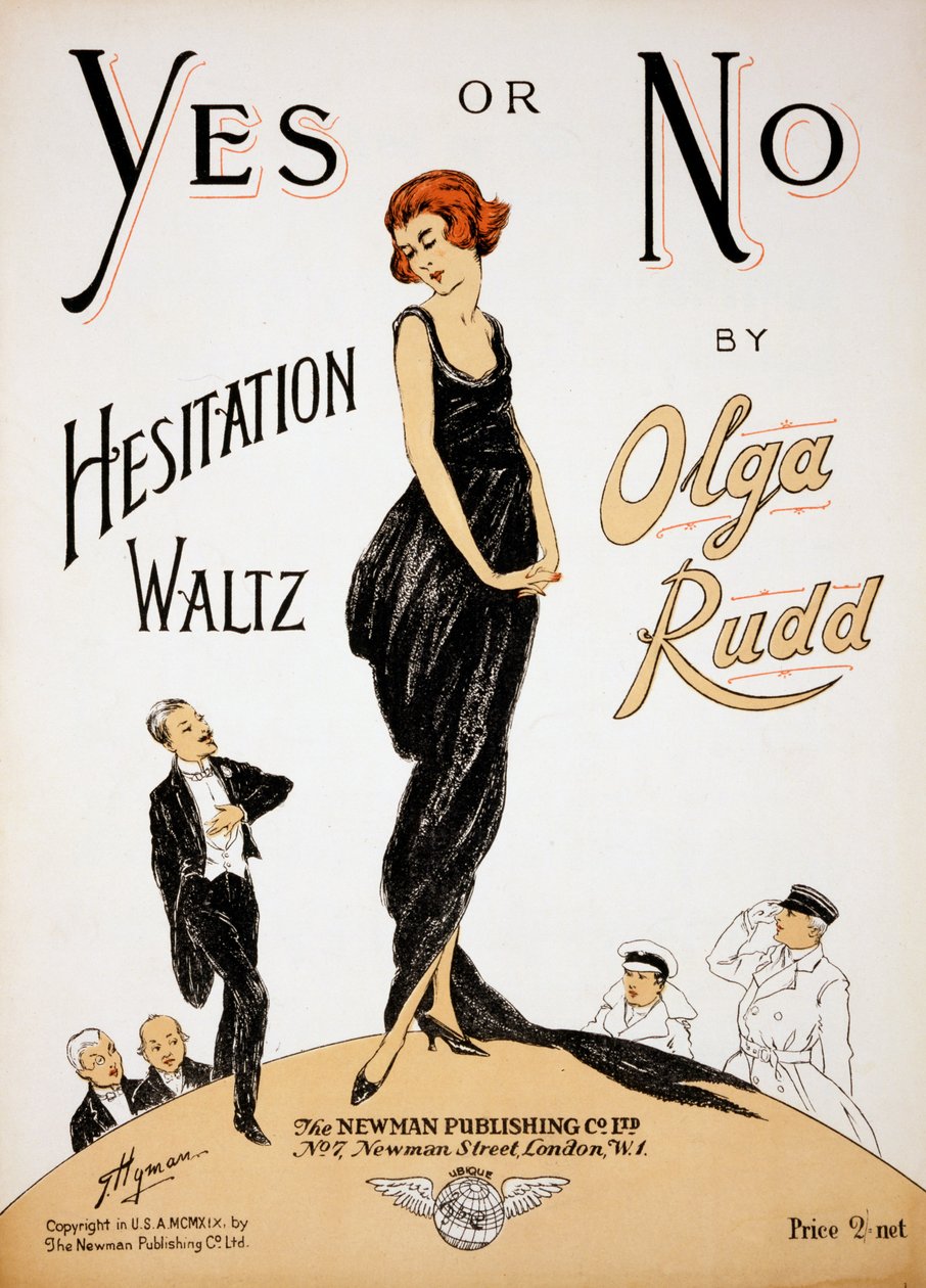 奥尔加·路德 (Olga Rudd) 的《Yes or No Hesitation Waltz》乐谱封面，1919 年出版（彩色平版印刷） 作者 G海曼