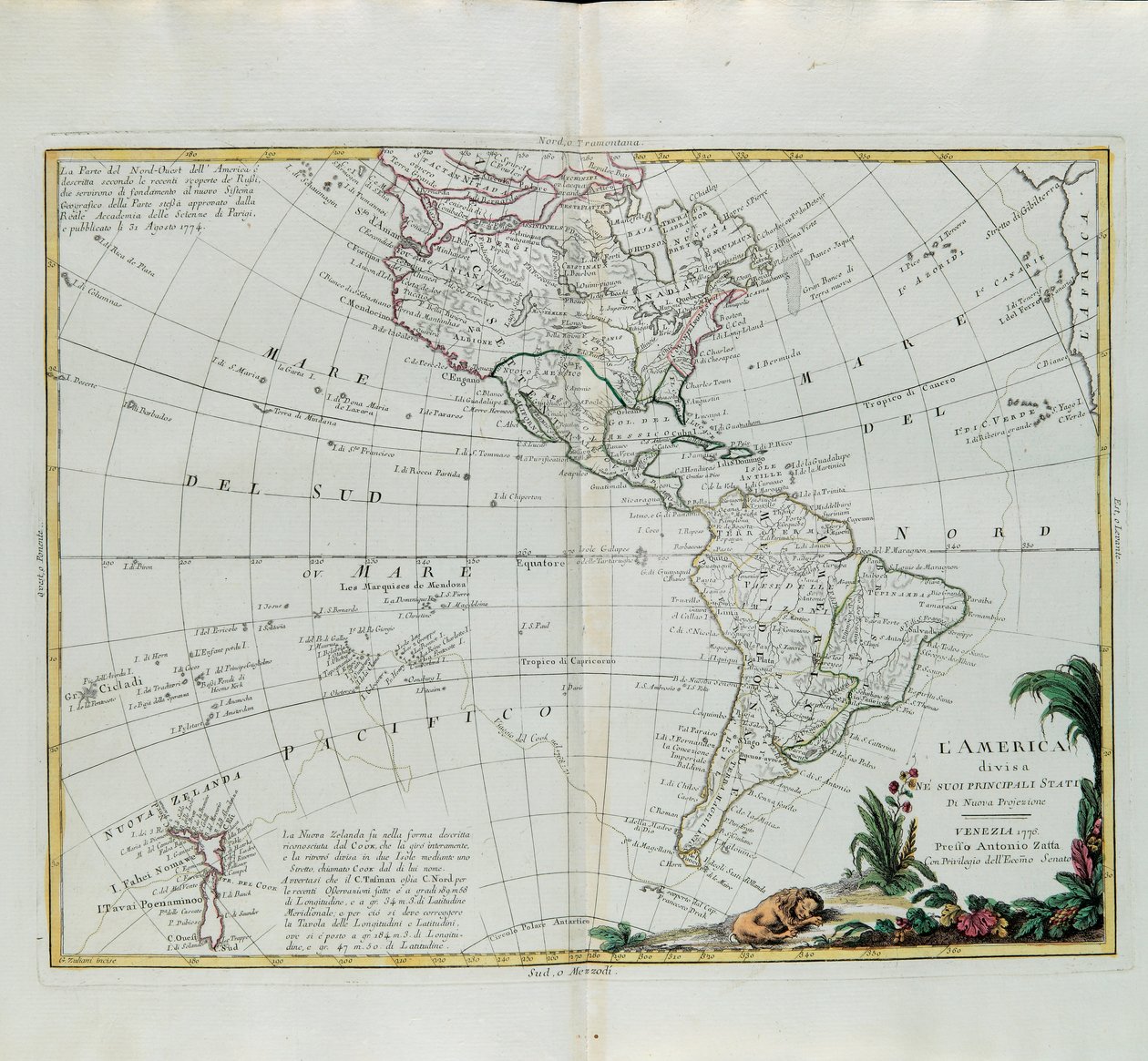 美国分为主要州，由Zuliani雕刻，拍摄于1776年由Antonio Zatta在威尼斯出版的最新地图册的Tome I，私人收藏 作者 祖利亚尼