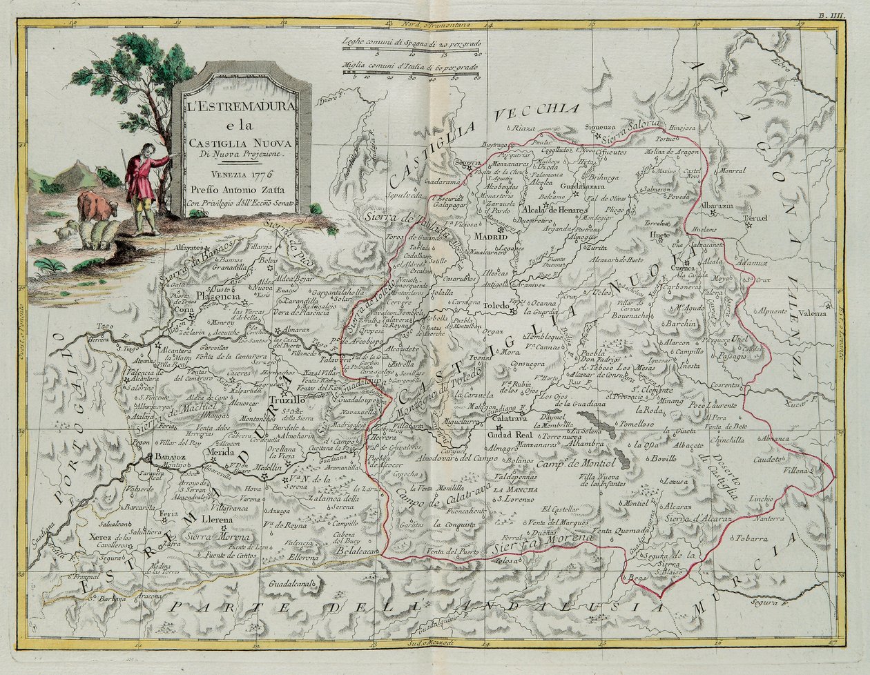 Extremadura和Castilla la Nueva，由Zuliani雕刻，拍摄自1776年威尼斯出版的最新地图册的Tome I作者：Antonio Zatta，私人收藏 作者 祖利亚尼