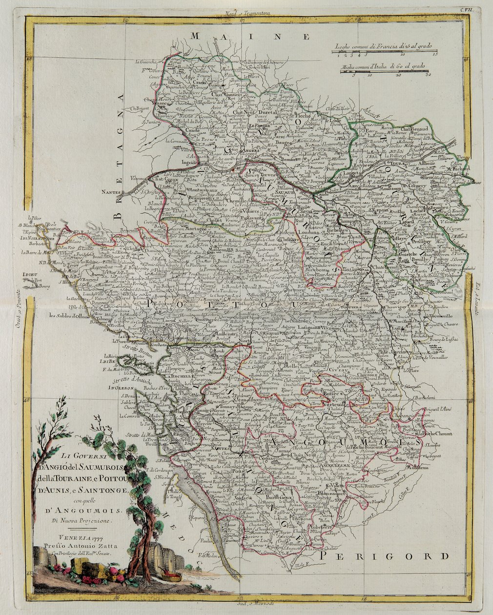 Anjou，Saumurois，Touraine和Poitou，Aunis和Saintonge以及Anjoumois的政权，由Zuliani在1777年由Antonio Z在威尼斯出版的最新地图册的Tome I拍摄 作者 祖利亚尼