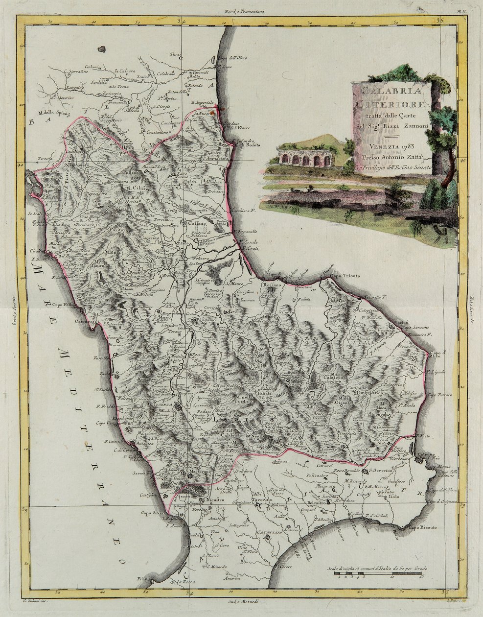 Hither Calabria，由 G. Zuliani 雕刻，取自 1783 年由 Antonio Zatta 在威尼斯出版的“最新地图集”的 Tome II，私人收藏 作者 祖利亚尼