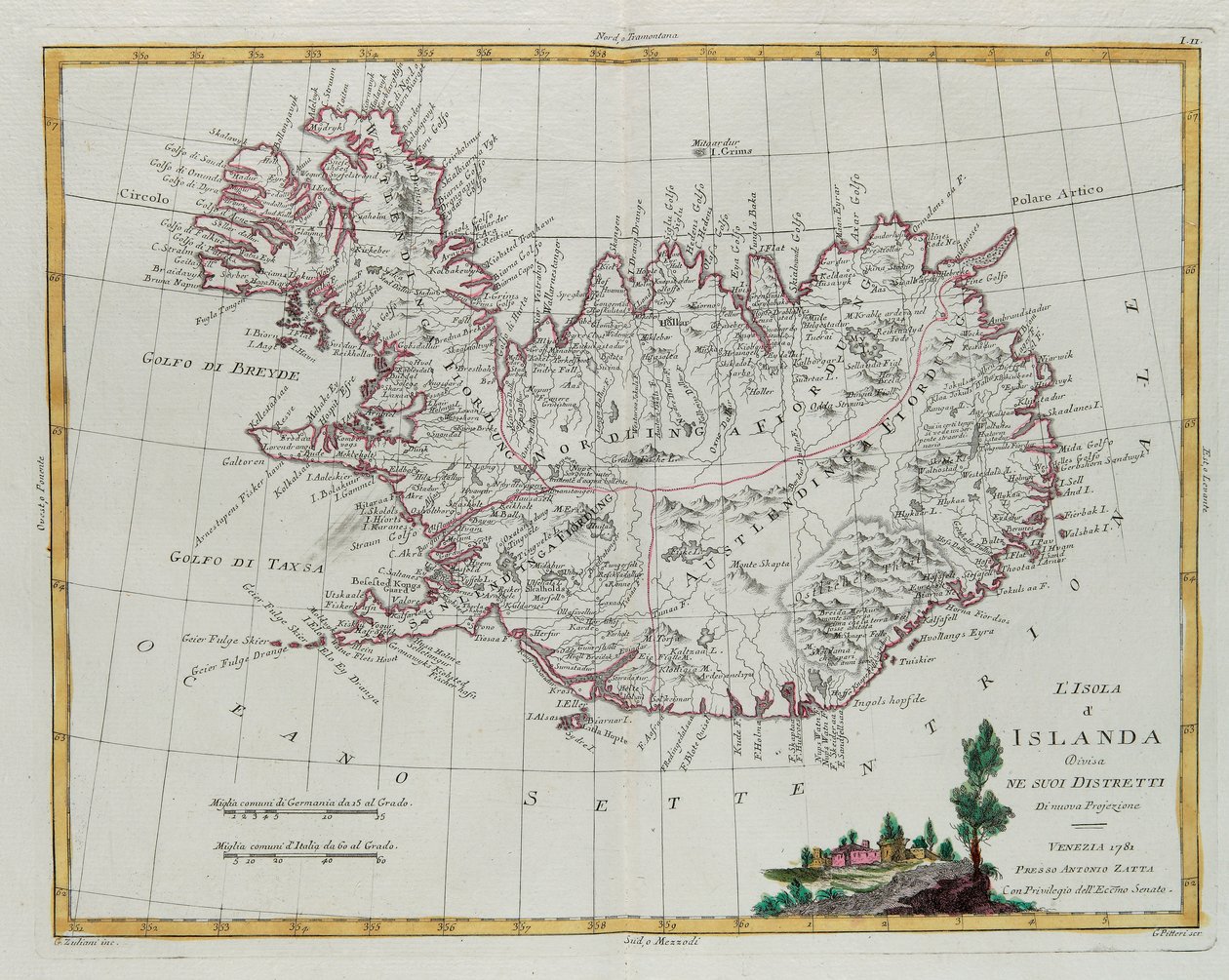 冰岛划分为多个区，由 G. Zuliani 雕刻，取自安东尼奥·扎塔于 1781 年在威尼斯出版的“最新地图集”的第三卷，私人收藏 作者 祖利亚尼