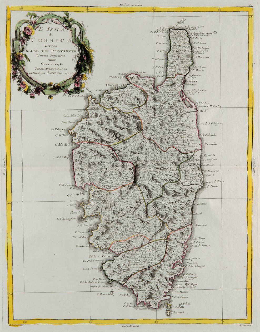 科西嘉岛的省份划分，G. Zuliani的雕刻作品，取自安东尼奥-扎塔1782年在威尼斯出版的《最新地图集》第二册，私人收藏。 作者 祖利亚尼