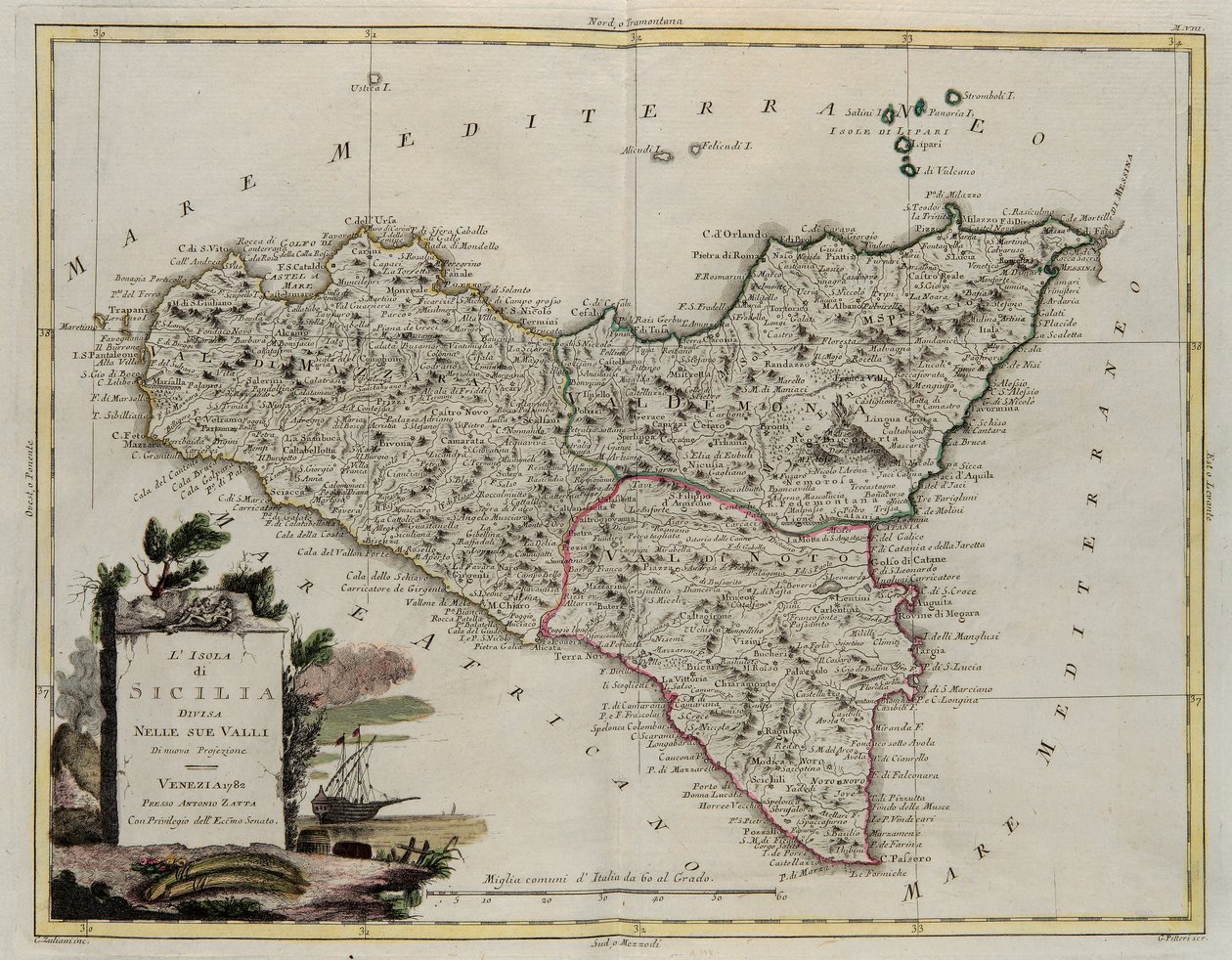 西西里岛，分为山谷，雕刻由G. Zuliani拍摄于1782年由Antonio Zatta在威尼斯出版的最新地图册的Tome II，私人收藏 作者 祖利亚尼