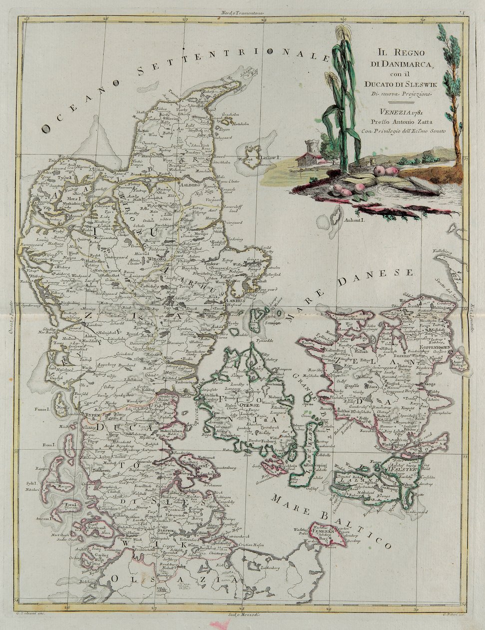 丹麦王国与斯莱维克公国，G. Zuliani 版画，取自安东尼奥·扎塔于 1781 年在威尼斯出版的“最新地图集”的卷三，私人收藏 作者 祖利亚尼