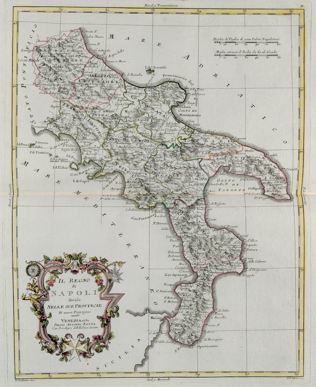 Kingdom of Naples divided into its provinces, engraving by G. Zuliani taken from Tome II of the "Newest Atlas" published in Venice in 1781 by Antonio Zatta, Private Collection 作者 祖利亚尼