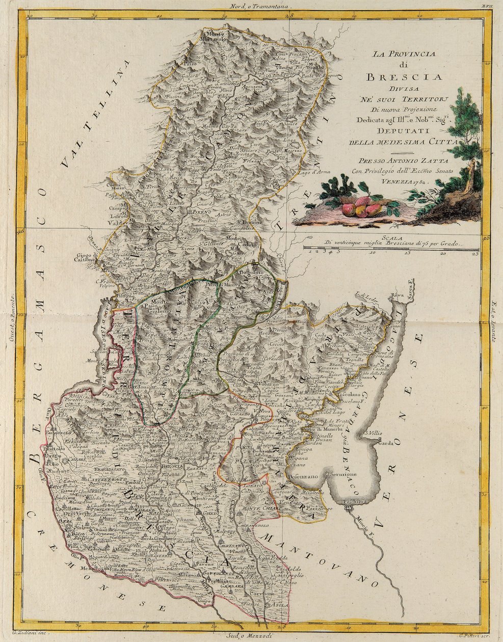 威尼托州的土地面积：布雷西亚，G. Zuliani 雕刻，取自安东尼奥·扎塔于 1783 年在威尼斯出版的“最新地图集”的 Tome II，私人收藏 作者 祖利亚尼