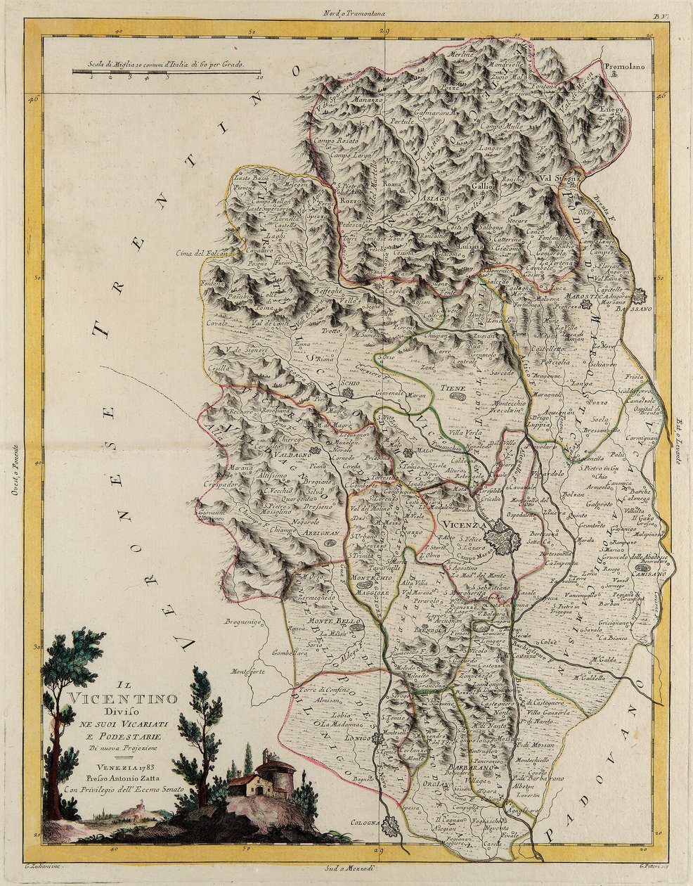 Land area of the State of the Veneto: area of Vicenza divided into its bishoprics and magistracies, engraving by G. Zuliani taken from Tome II of the "Newest Atlas" published in Venice in 1782 by Antonio Zatta, Private Collection 作者 祖利亚尼