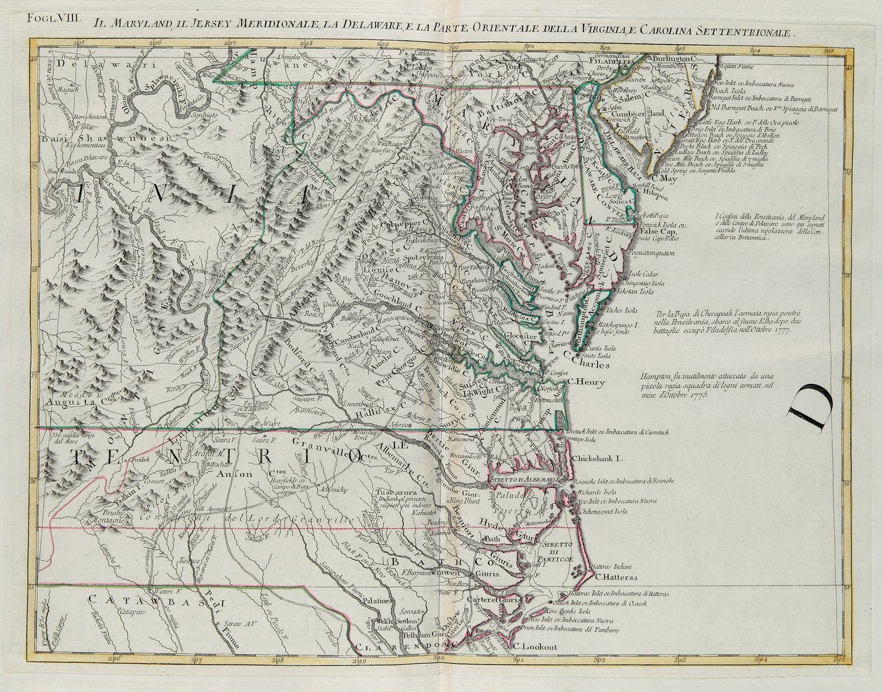Maryland, southern New Jersey, Delaware and the eastern part of Virginia and North Carolina, engraving by G. Zuliani taken from Tome I of the "Newest Atlas" published in Venice in 1778 by Antonio Zatta, Private Collection 作者 祖利亚尼