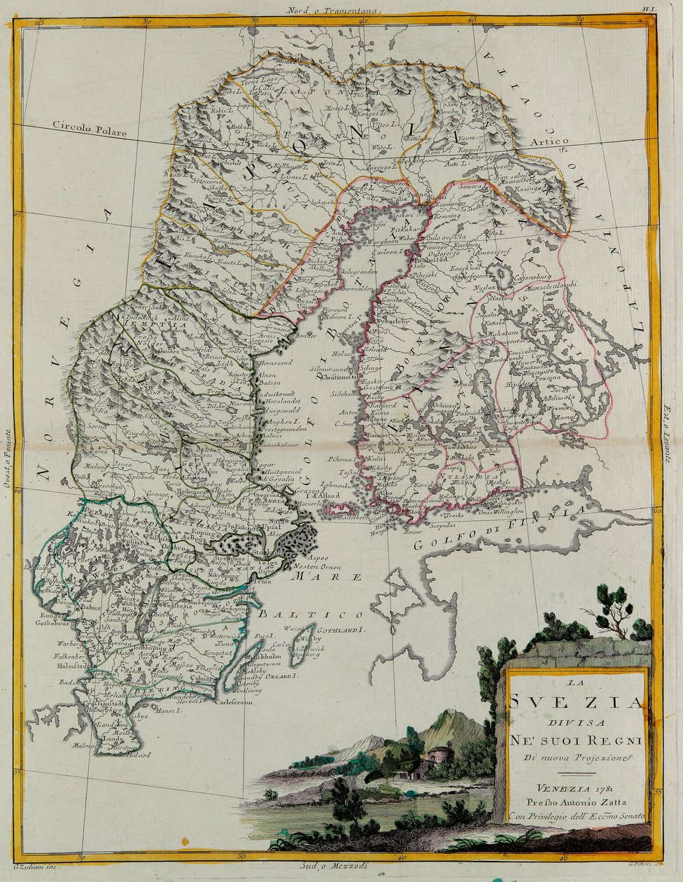 瑞典分为多个王国，由 G. Zuliani 雕刻，取自安东尼奥·扎塔于 1781 年在威尼斯出版的“最新地图集”的第三卷，私人收藏 作者 祖利亚尼