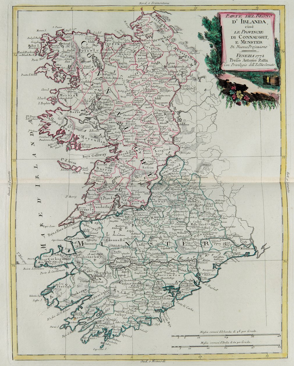 爱尔兰王国，G. Zuliani 雕刻的 Munster 和 Connaught 省出自《Atlas Novissimo》第一卷，Antonio Zatta 于 1778 年在威尼斯出版，私人收藏 作者 祖利亚尼