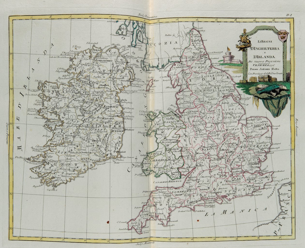 英国和爱尔兰的王国，由G. Zuliani拍摄，取自1776年威尼斯出版的最新地图册的Tome I作者：Antonio Zatta，私人收藏 作者 祖利亚尼