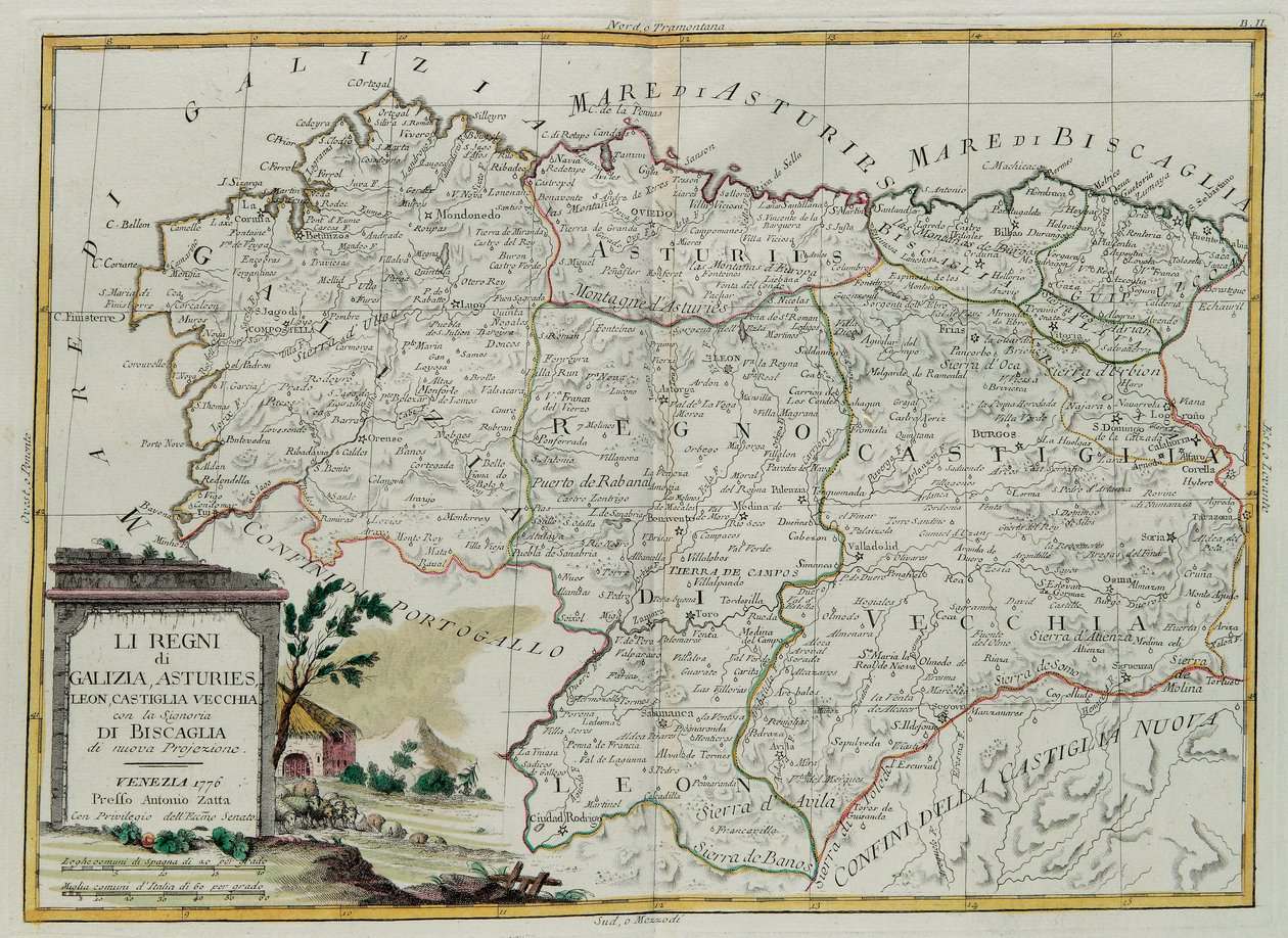 加利西亚王国，Asturies，Leon，Castilla Vieja与Biscallia委员会，由Zuliani雕刻，取自1776年由Antonio Zatta，Priva在威尼斯出版的最新地图册的Tome I 作者 祖利亚尼
