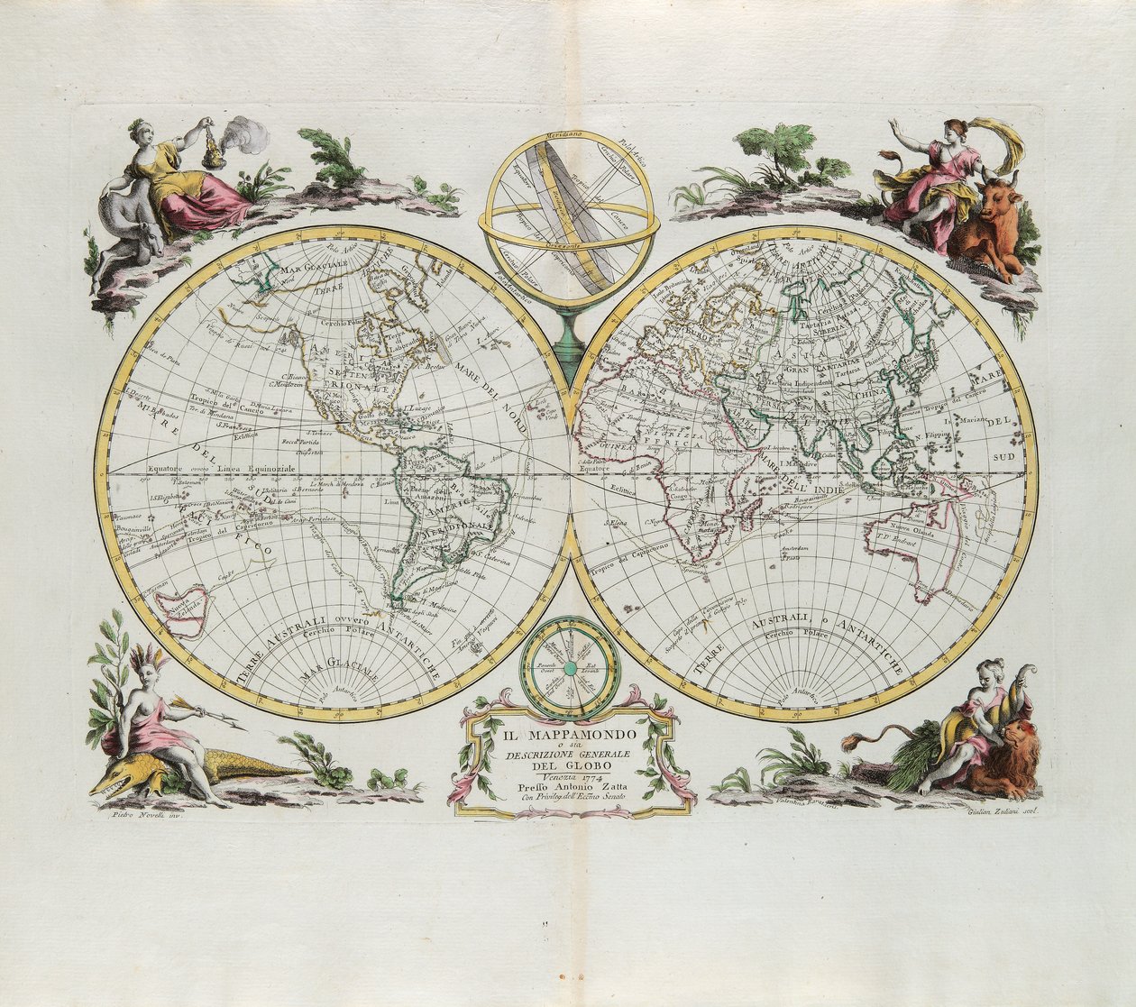 世界地图和地球的一般描述，由Zuliani雕刻，取自1774年威尼斯出版的最新地图册的Tome I作者：Antonio Zatta 作者 祖利亚尼
