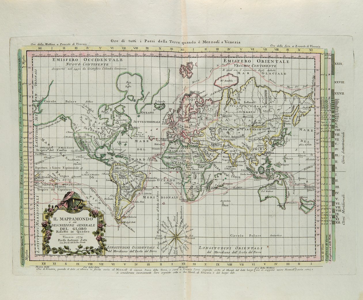 世界地图和地球的总体描述，缩减为一幅图片，由G. Zuliani雕刻，取自Antonio Zatta于1774年在威尼斯出版的 "最新地图集 "的第一册。 作者 祖利亚尼