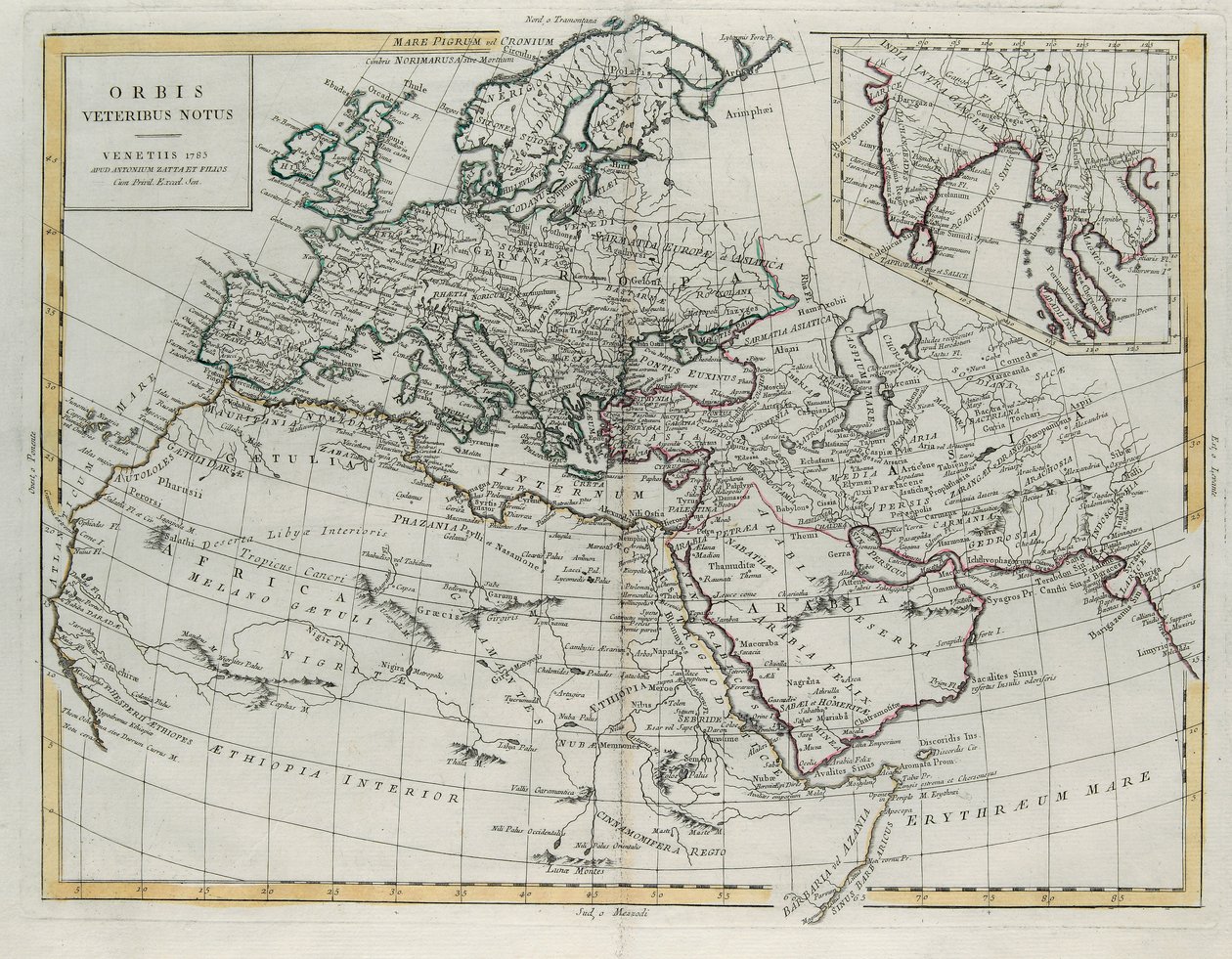 古代已知的世界，由Zuliani雕刻，取自1785年由Antonio Zatta在威尼斯出版的最新地图册的Tome IV，私人收藏 作者 祖利亚尼