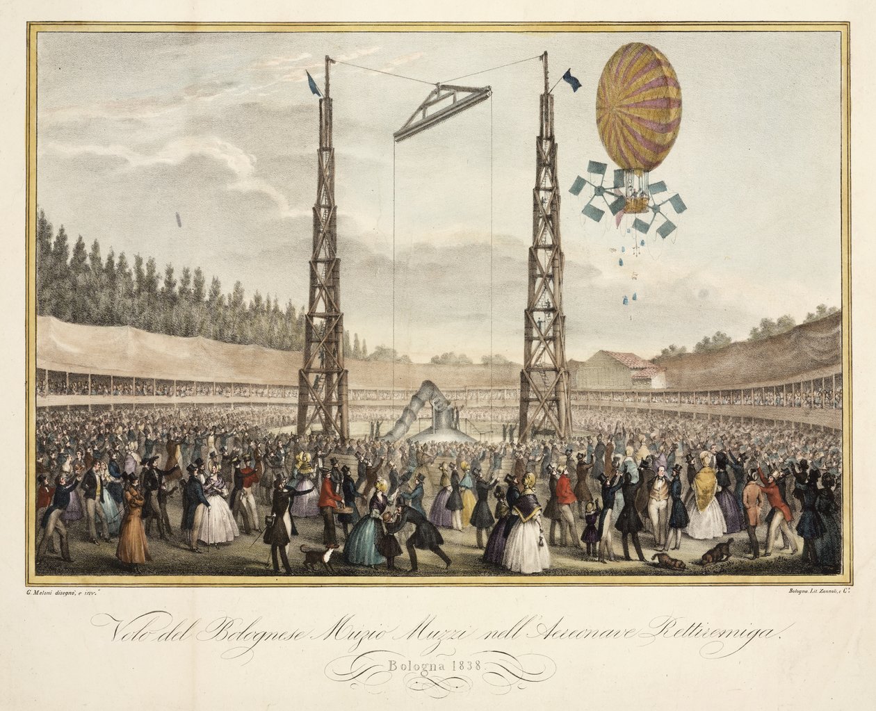 1838年Airship Retirremiga中博洛尼亚人Muzio Muzzi（1809-46）的飞行 作者 G.梅洛尼之后