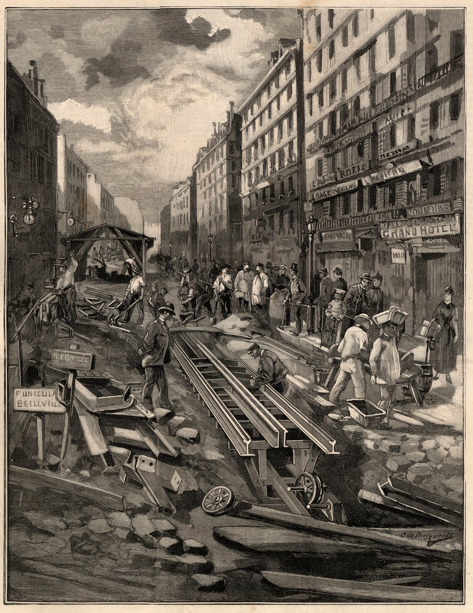 贝尔维尔索道缆车于 1894 年在贝尔维尔街铺设了轨道。 德·伯格拉夫的画作。 1894年的《光彩世界》。 作者 G.de Burgraff