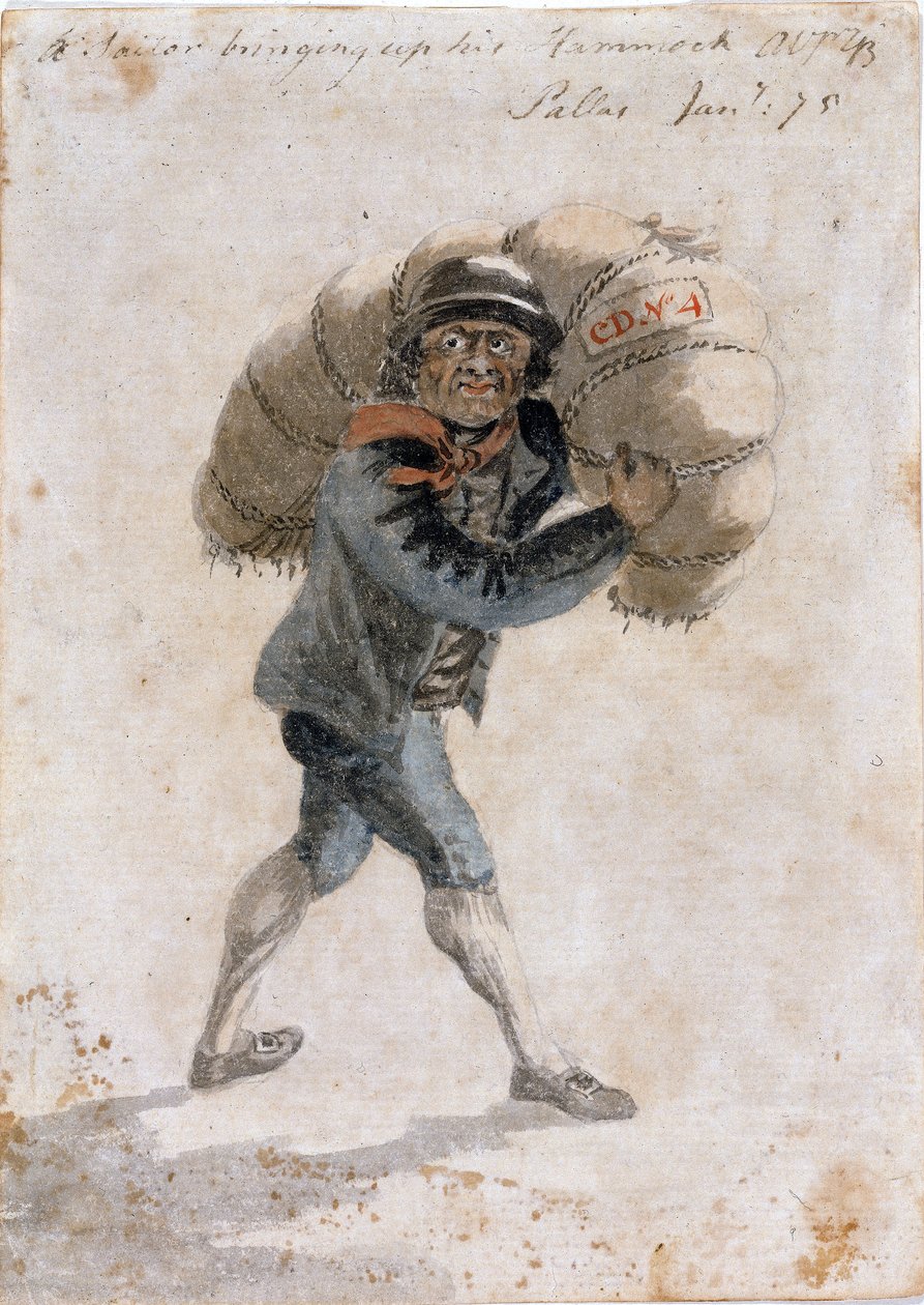布雷相册："水手收起吊床，帕拉斯，75 年 1 月"（水彩画） 作者 加布里埃尔·布雷