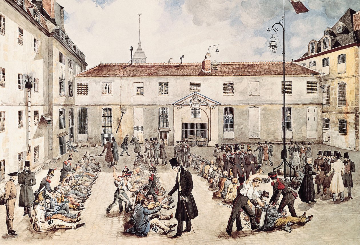 "Les détenus de la prison du Bicetre sont enchaines dans la cour" Gabriel Cloquemin（18 世纪末至 19 世纪初）的水彩画 巴黎卡纳瓦罗博物馆 作者 加布里埃尔·克洛克敏（Gabriel Cloquemin）