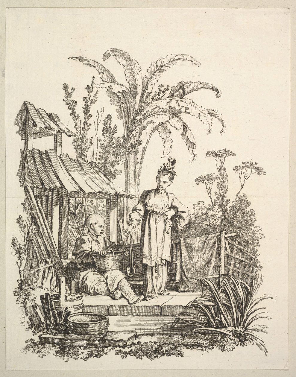 坐着的中国男人和女人载着一条鱼，ca。 1742。 作者 加布里埃尔·侯奎尔