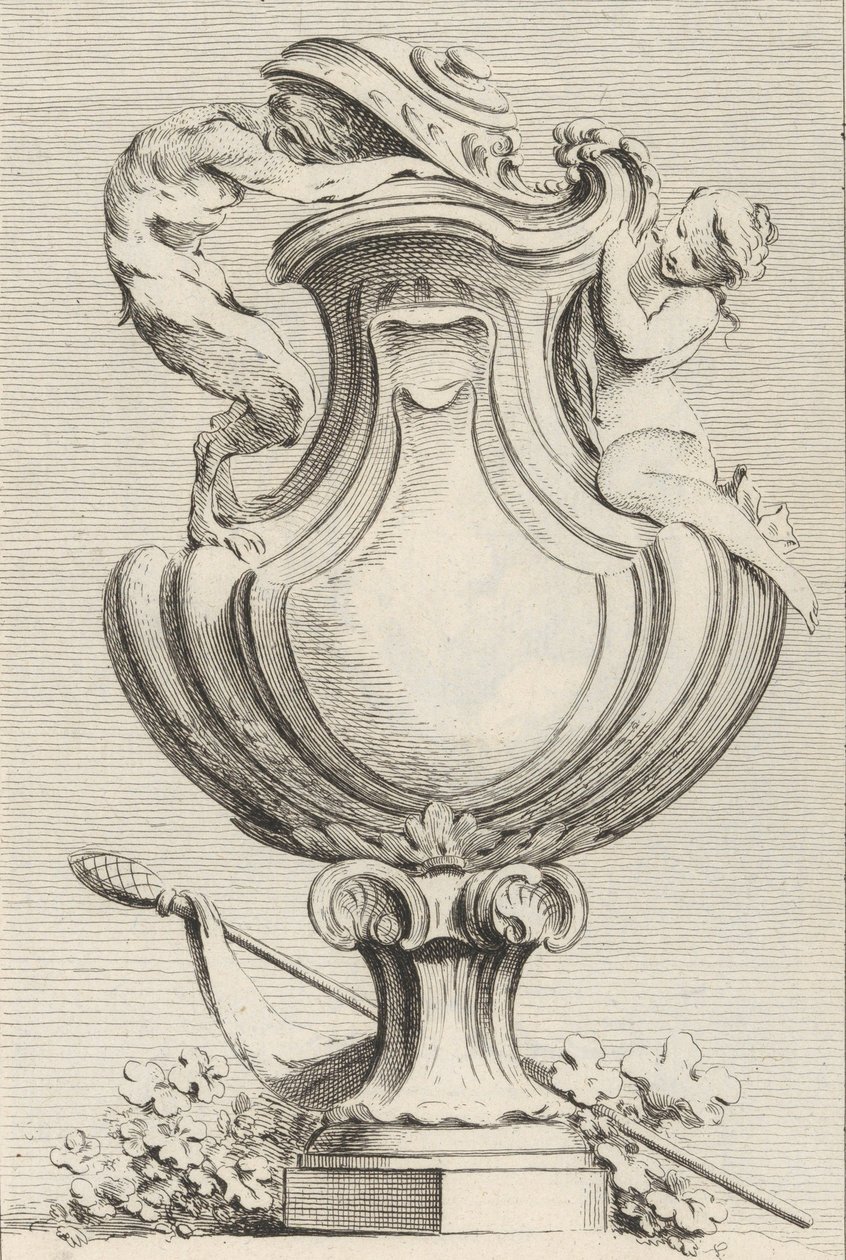 花瓶的设计，有一个动物和一个仙女，来自Livre de Vases 花瓶之书，板块1...，1742-50。 作者 加布里埃尔·侯奎尔