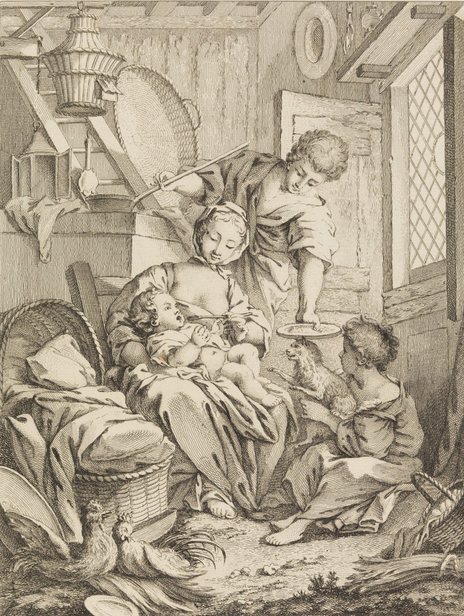 图版1：年轻女子喂养婴儿，出自《Premier Livre de Sujets et Pastorales Fi...》，1720-72。 作者 加布里埃尔·侯奎尔