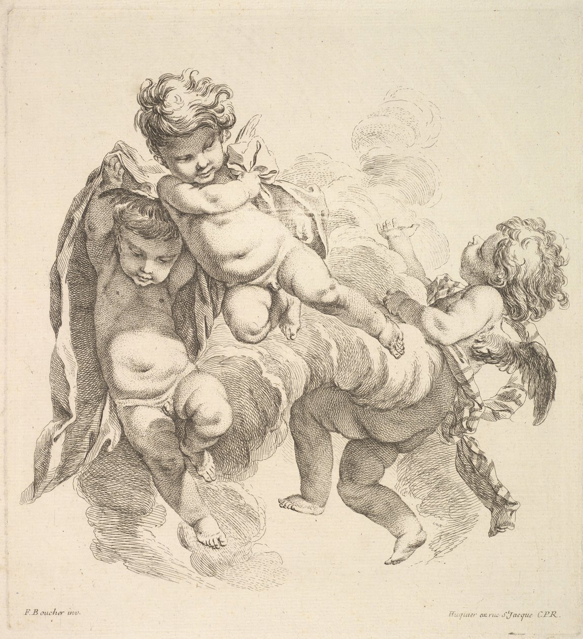 三个孩子在云层中背着帷幔，1738-45。 作者 加布里埃尔·侯奎尔