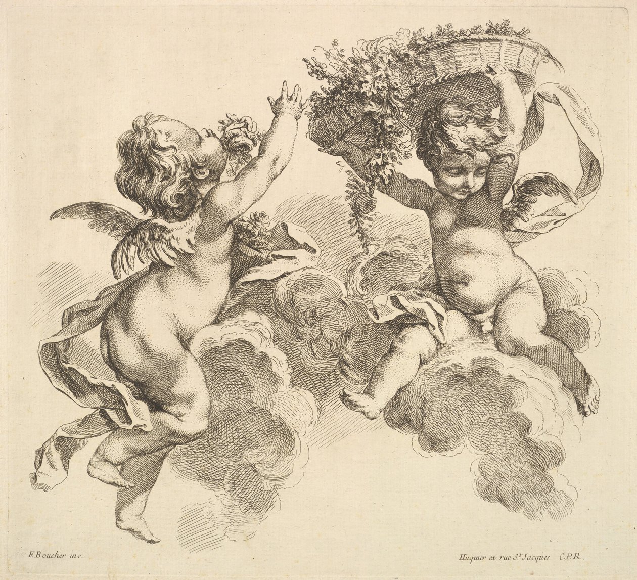 1738-45年，两个孩子，一个抱着一个带花的篮子。 作者 加布里埃尔·侯奎尔
