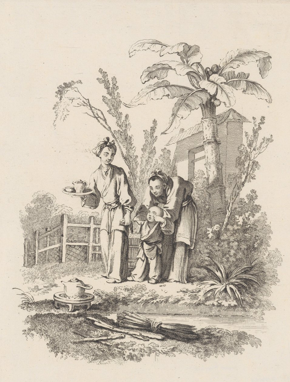 两个女人领着一个孩子走向池塘边桌子上的茶壶，约1742年。 作者 加布里埃尔·侯奎尔