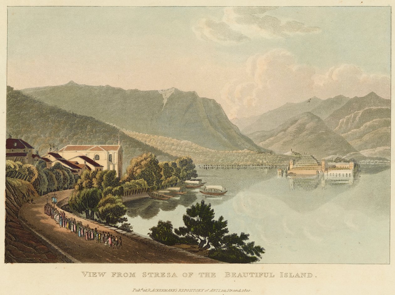 从美丽岛的斯特雷萨（Isola Bella，Lago Maggiore）看，1820 年之前（水彩在蚀刻和编织纸上的水彩） 作者 Gabriel L. 和 Lory Mathias G. Lory