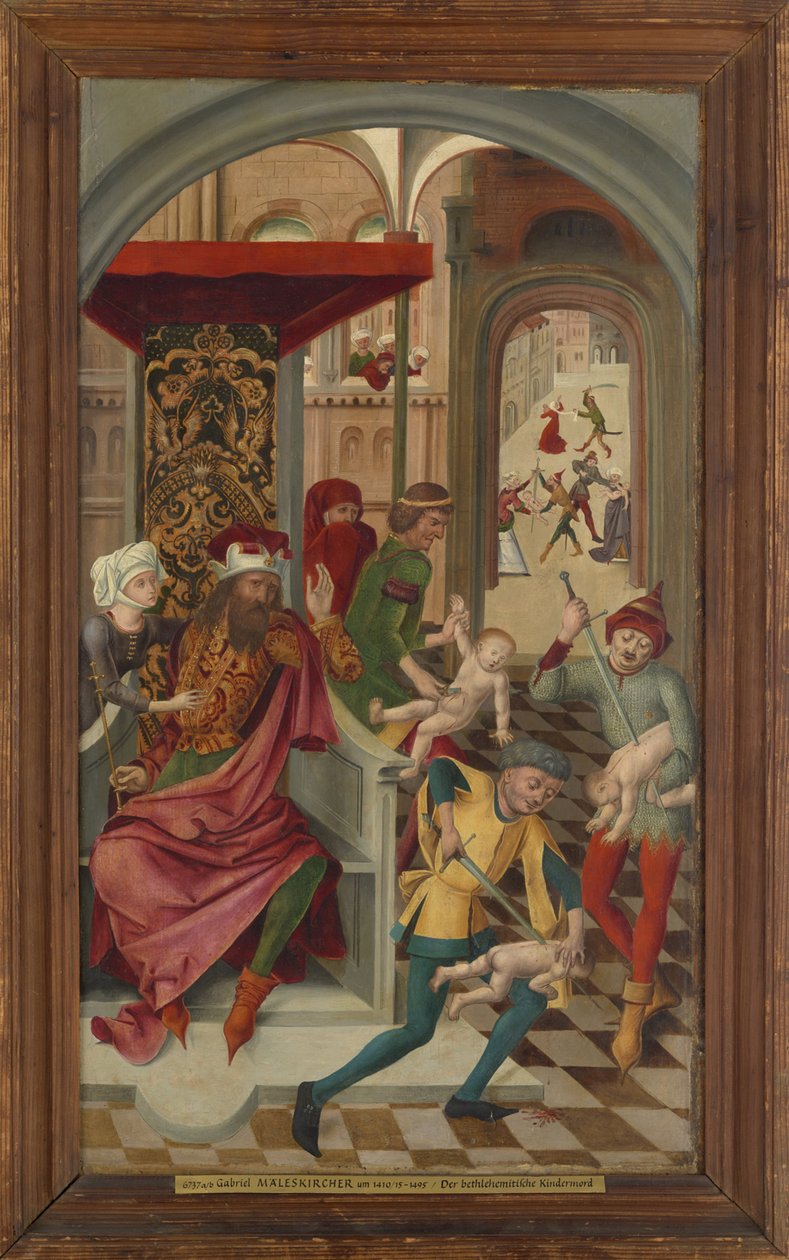 Tegernsee 修道院教堂中的圣维特祭坛壁画翼；正面：伯利恒杀婴，背面：圣人维特、莫德斯特和克雷森提亚正在用甘露加固身体 作者 加布里埃尔·梅莱斯基尔