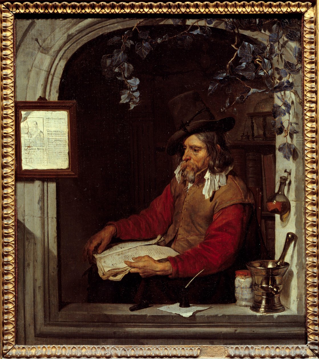 药剂师或药剂师。 Gabriel Metsu (1629-1667) Ec. 的绘画 霍尔。 作者 加布里埃尔·梅苏