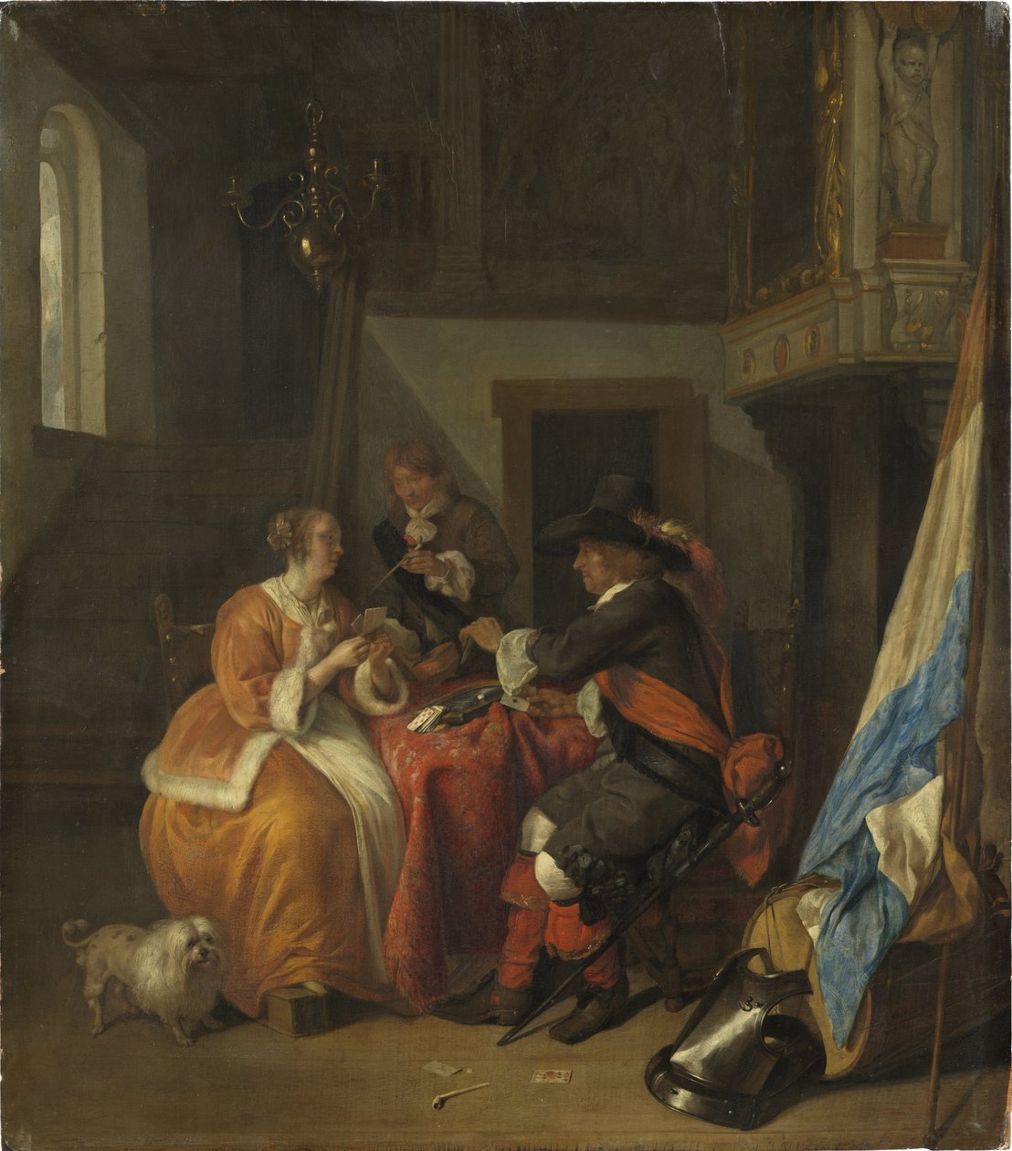 纸牌游戏 - 纸牌游戏，由 Metsu, Gabriel (1629-1667) 编写。 木头上的油 作者 加布里埃尔·梅苏