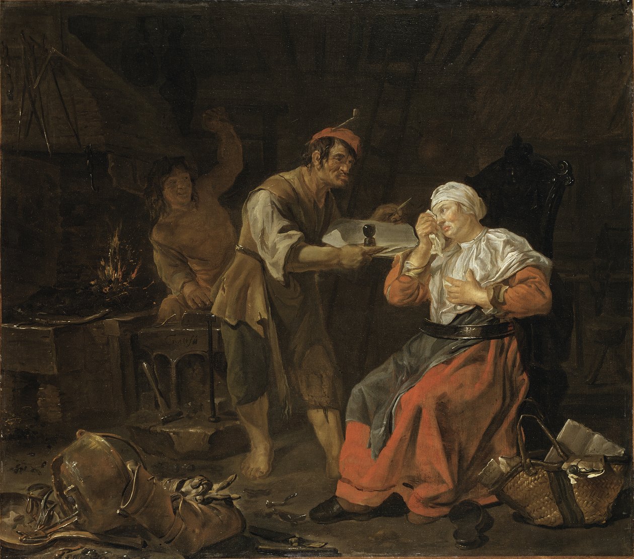 哭泣的妇女在铁匠的商店，c.1650 作者 加布里埃尔·梅苏