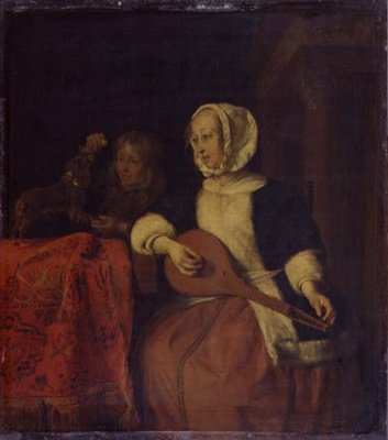 玩曼陀林的女人，约1660-65（板面油画） 作者 加布里埃尔·梅苏