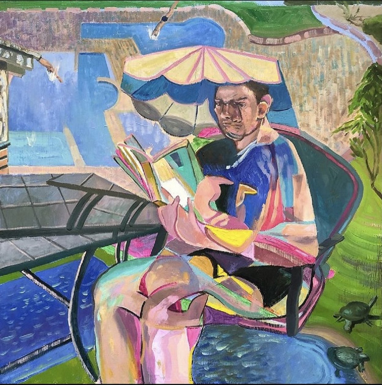 两个潜水员、两只海龟和一个自言自语的人，2021 年（油画板） 作者 加布里埃尔·帕尔马