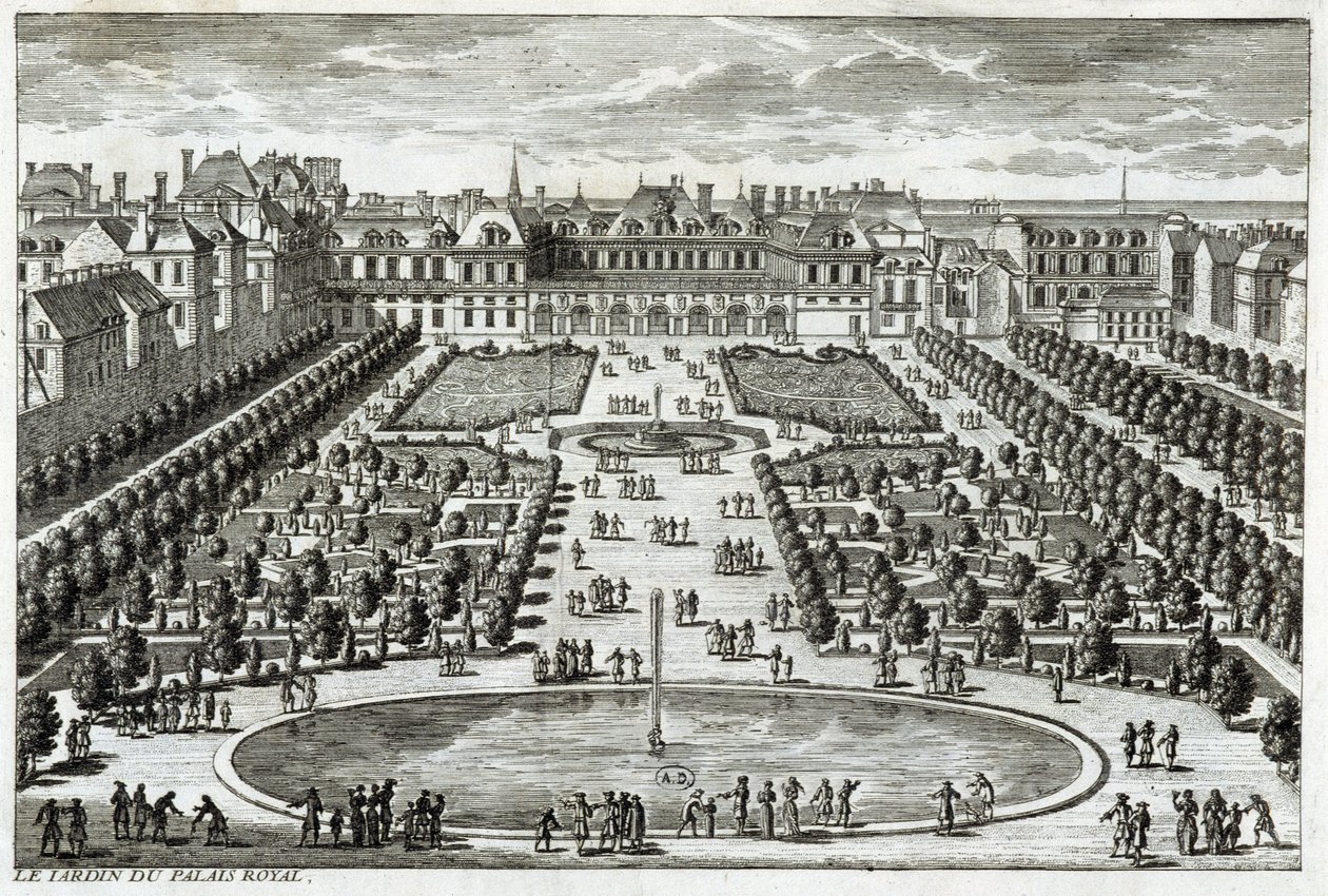 Parc du Palais Royal 在巴黎的视图。 Perelle 雕刻，17 世纪末。 作者 加布里埃尔·佩雷尔