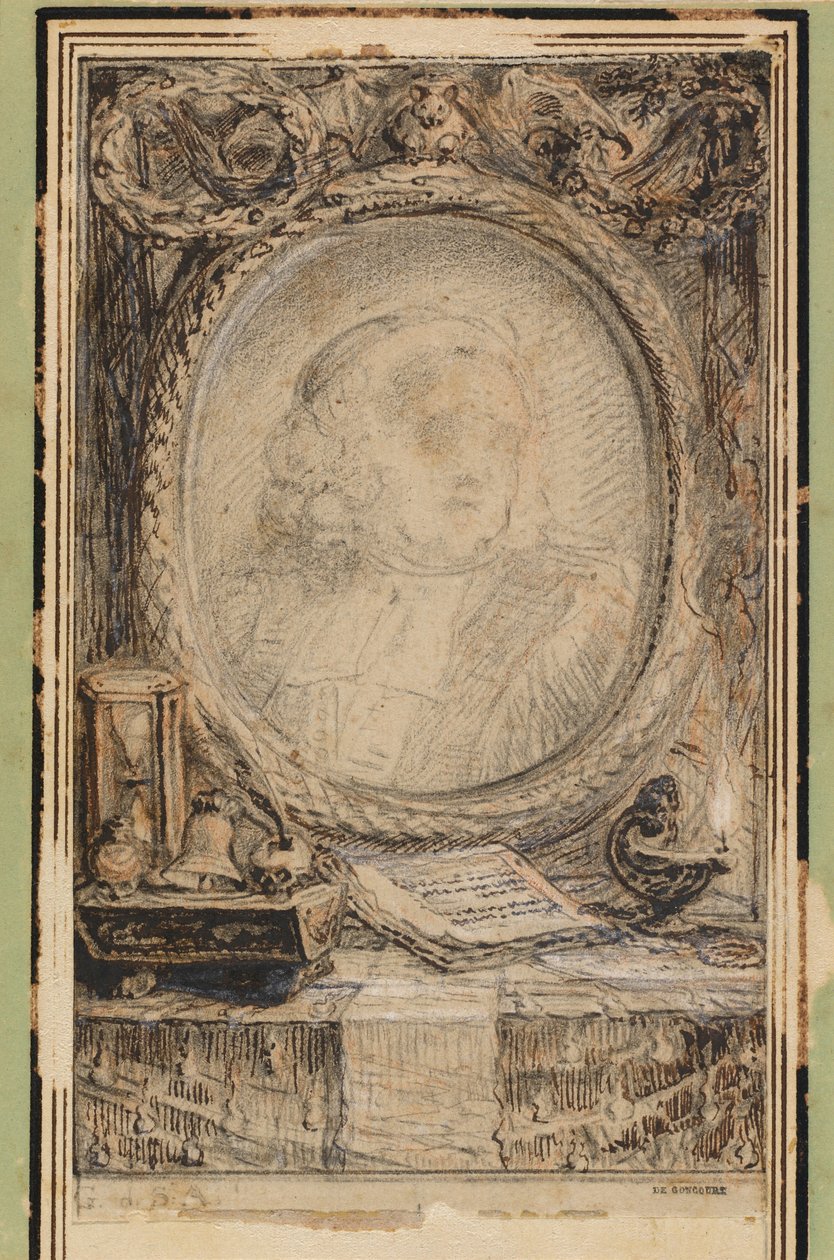 带蝙蝠的寓意画框，约 1769 年（钢笔和墨水画） 作者 加布里埃尔·德·圣奥班