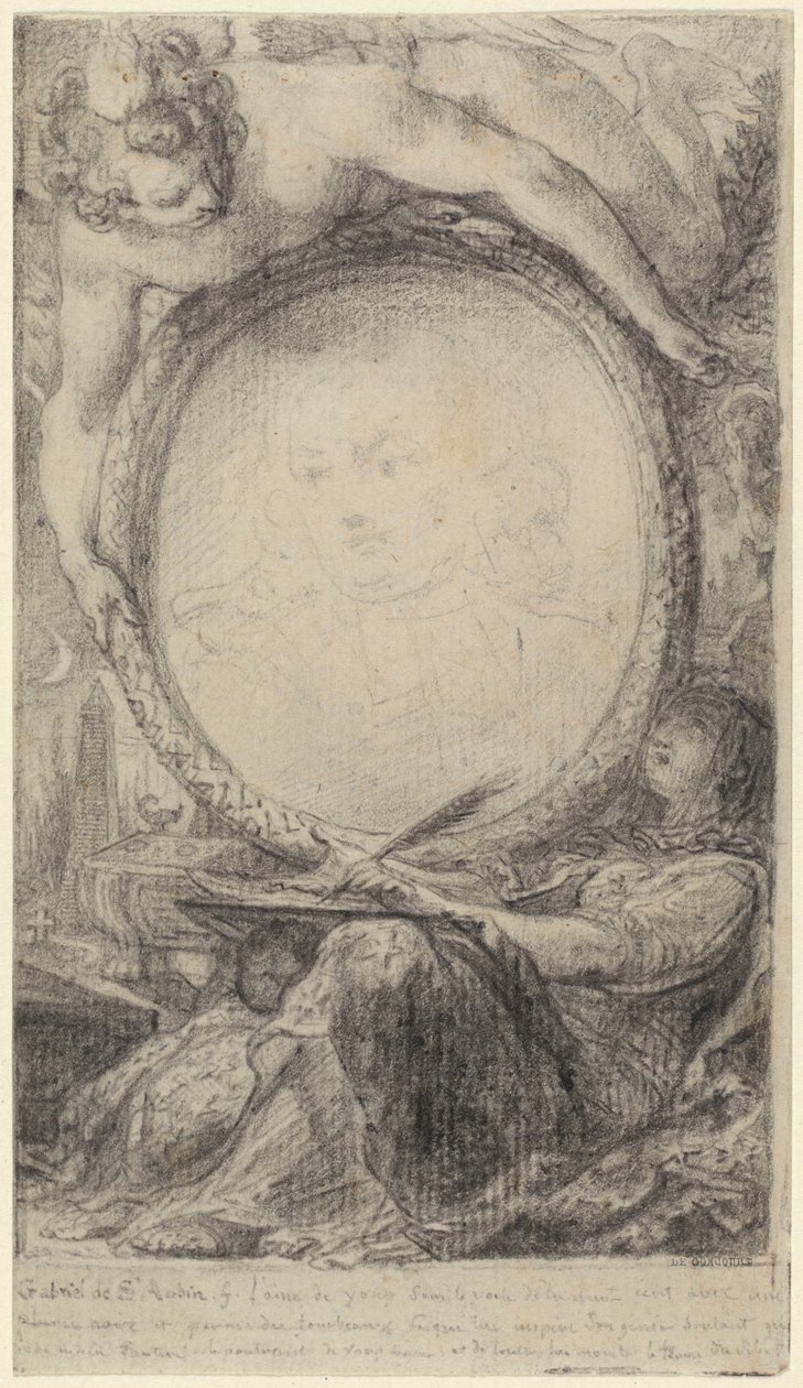 约 1769 年，天才与蒙面女子书写的寓意画框（纸面黑色粉笔画） 作者 加布里埃尔·德·圣奥班