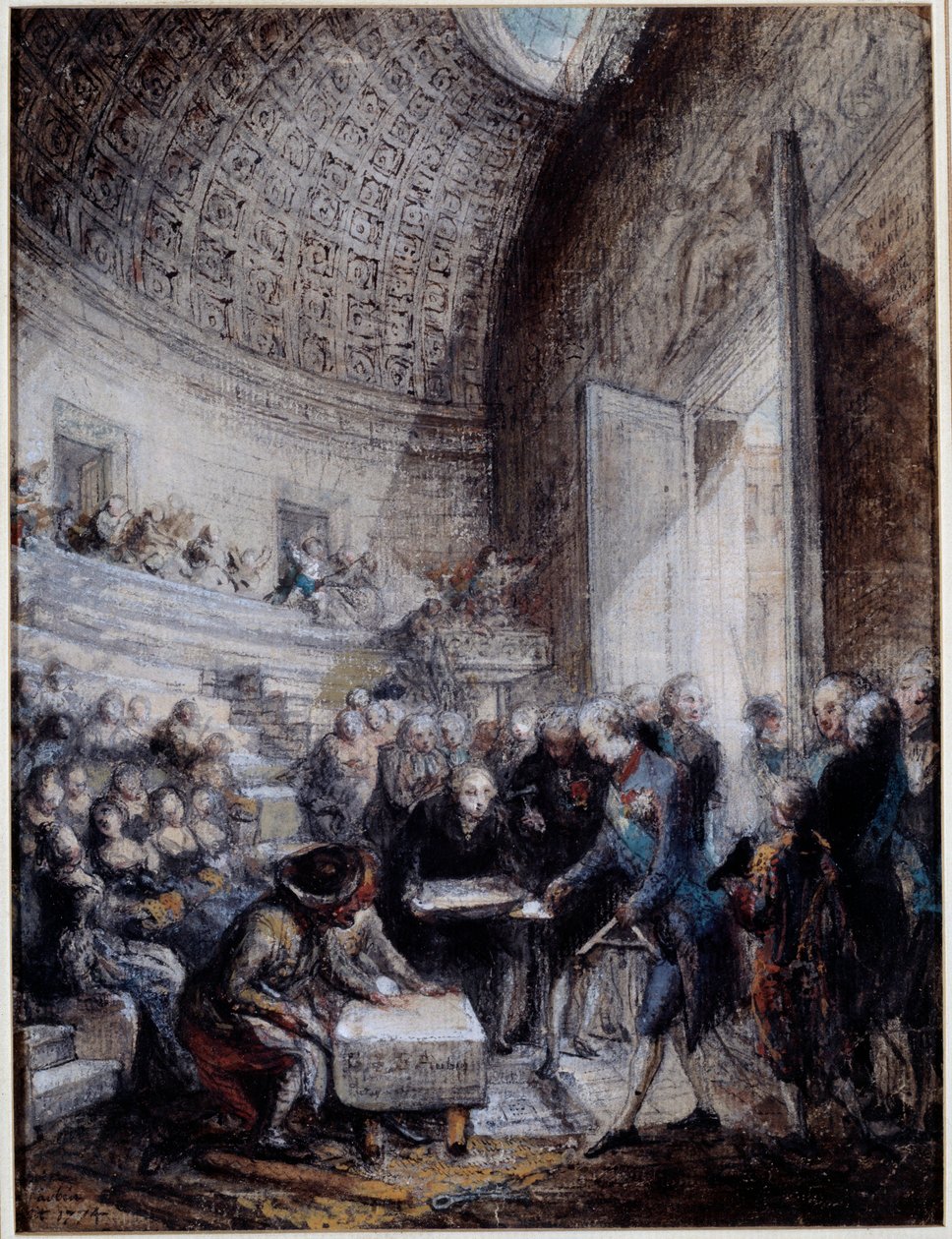 国王路易十六 (1754-1793) 为皇家外科医学院的圆形剧场落成典礼 14/09/1774 水粉画·德·加布里埃尔·德·圣奥宾 (1724-1780) 18 世纪巴黎，卡纳瓦莱博物馆 作者 加布里埃尔·德·圣奥班