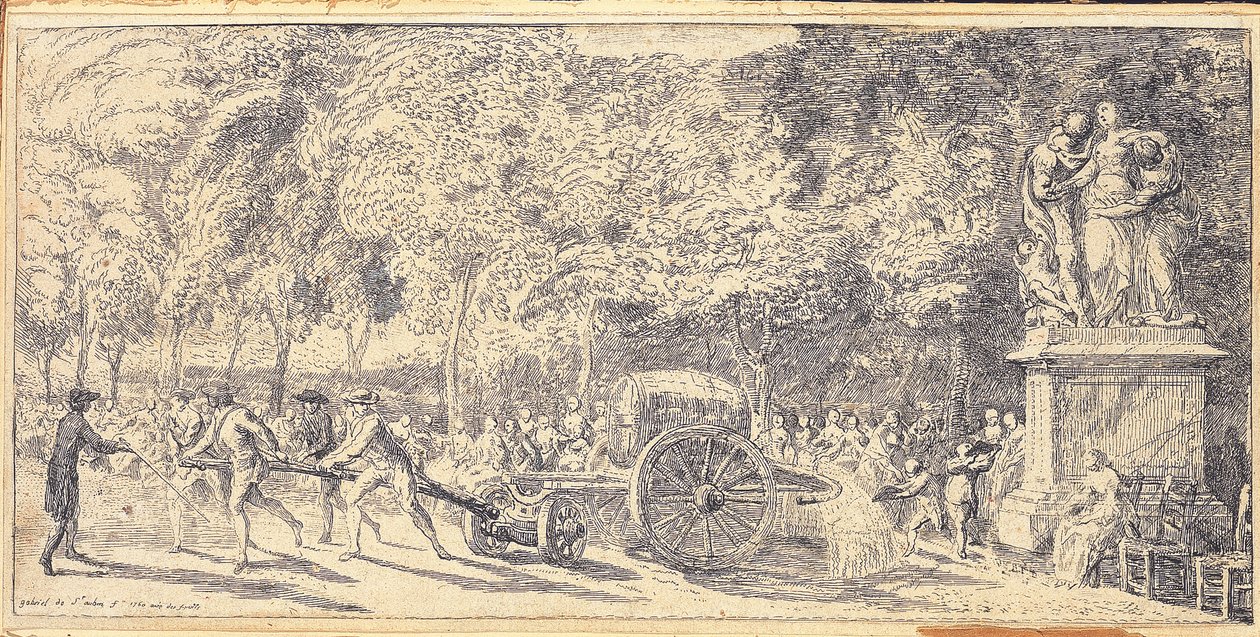 图伊勒里花园（Tuileries Gardens）上的人物在手推车上拉桶，1760年 作者 加布里埃尔·德·圣奥班